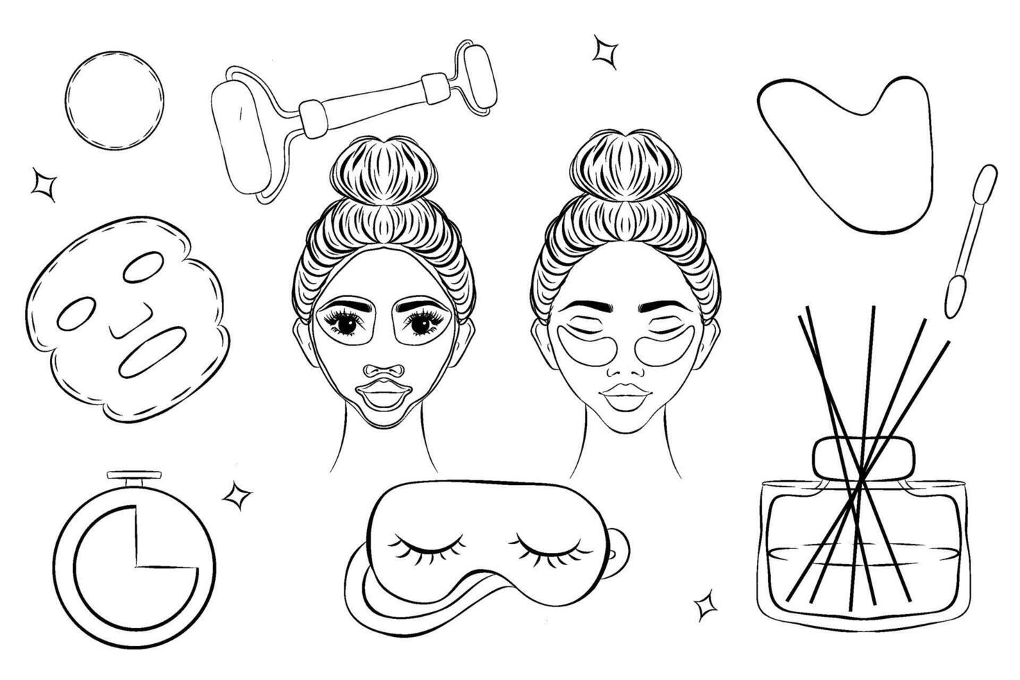 A set of elements in the sketch style. Beauty routine, skin care. Mask, aroma diffuser, jade massage roller, silk sleep mask. Glow gang inscription. illustration, fashion vector