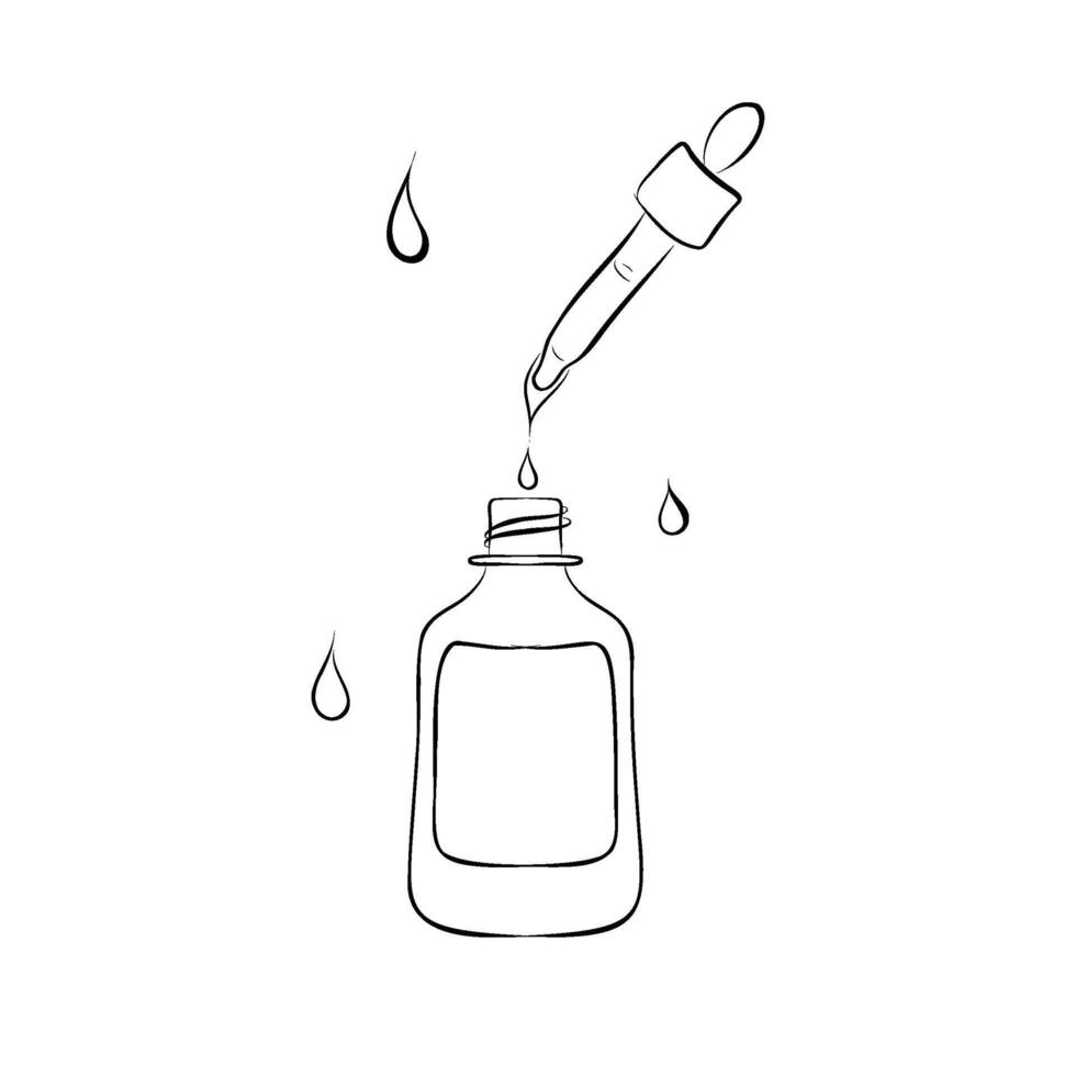 Dropper and bottle with serum or oil, line. Cosmetic product in vial with pipette. Outline simple . vector