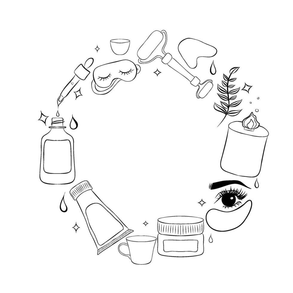 Sketchy set of spa Salon cartoon doodle objects, symbols and items. Round frame composition vector