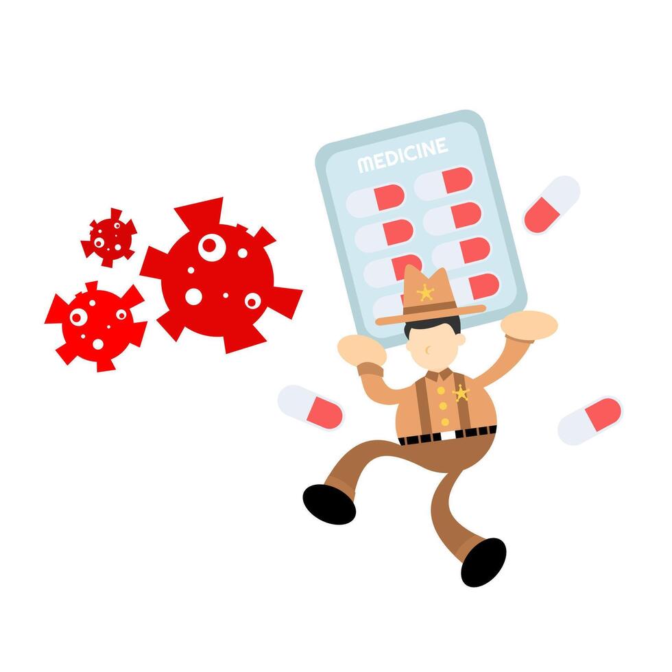A cartoon man is holding a pill box with a red virus on it vector
