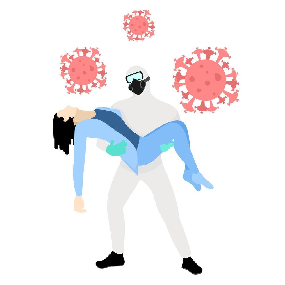 A man in a protective suit carrying a woman in a white coat vector