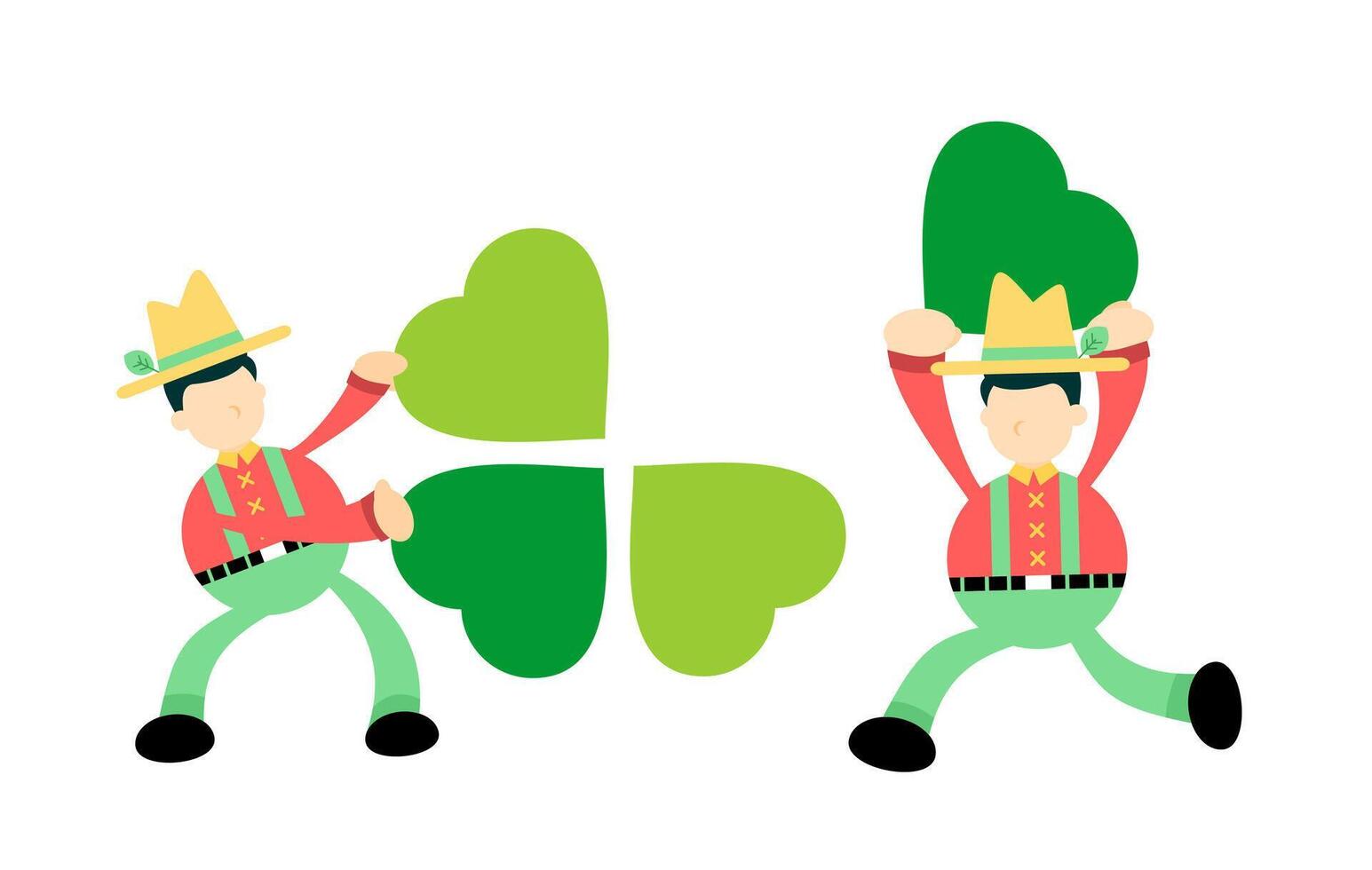 Two men in green clothes holding a shamrock vector