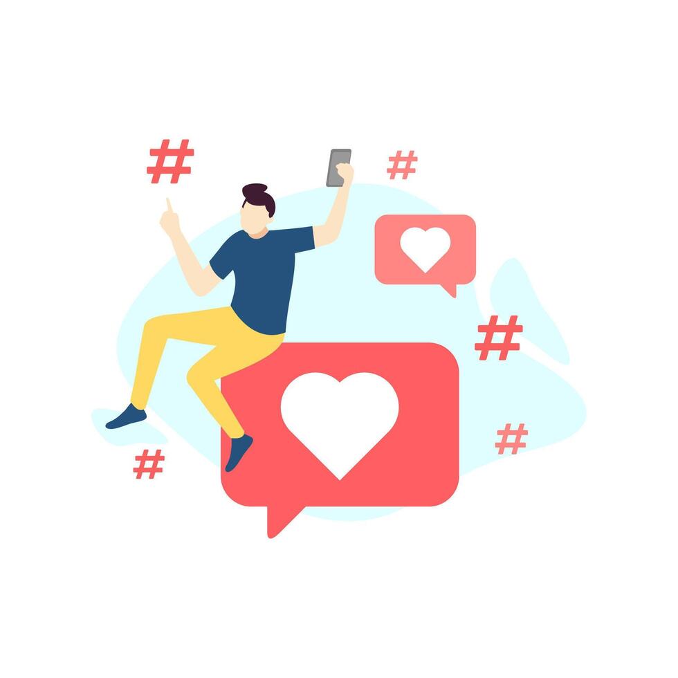 A man is sitting on a heart shaped cloud with a phone in his hand vector
