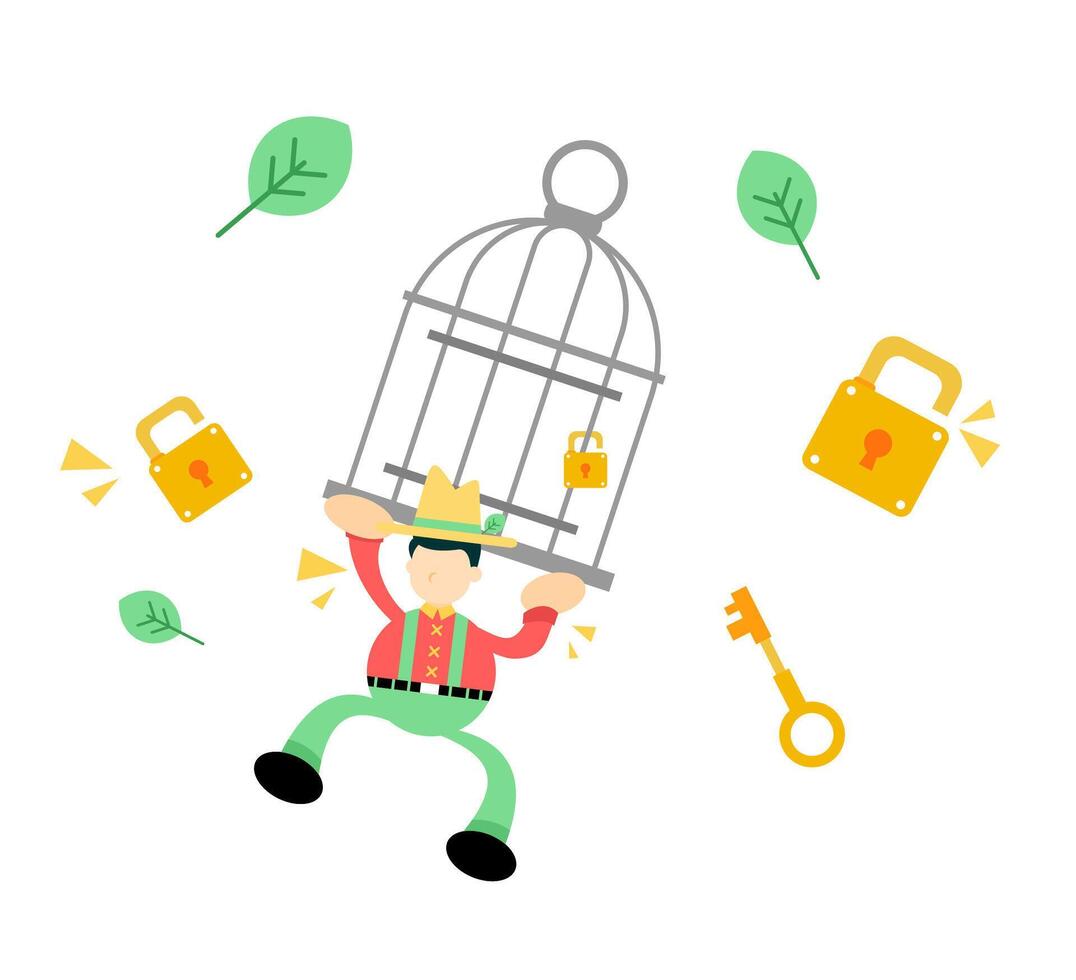 A cartoon man is holding a bird cage with keys and other items vector