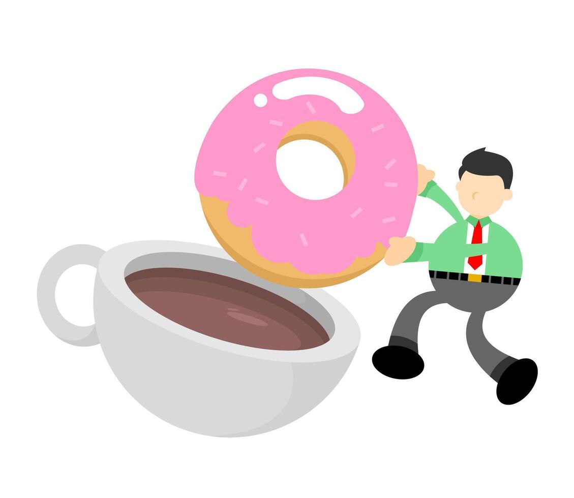 A cartoon man is trying to grab a donut from a cup of coffee vector