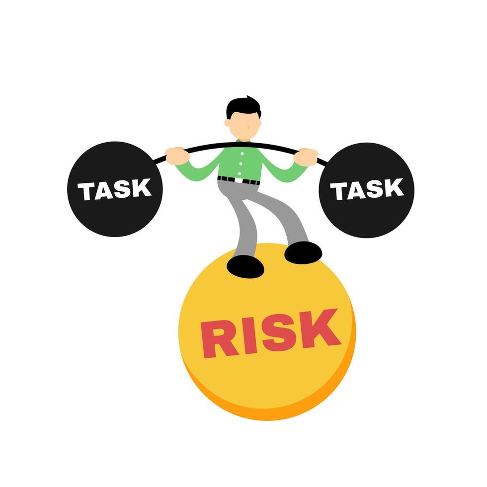 A man is balancing a weight on a ball with the words task and risk vector
