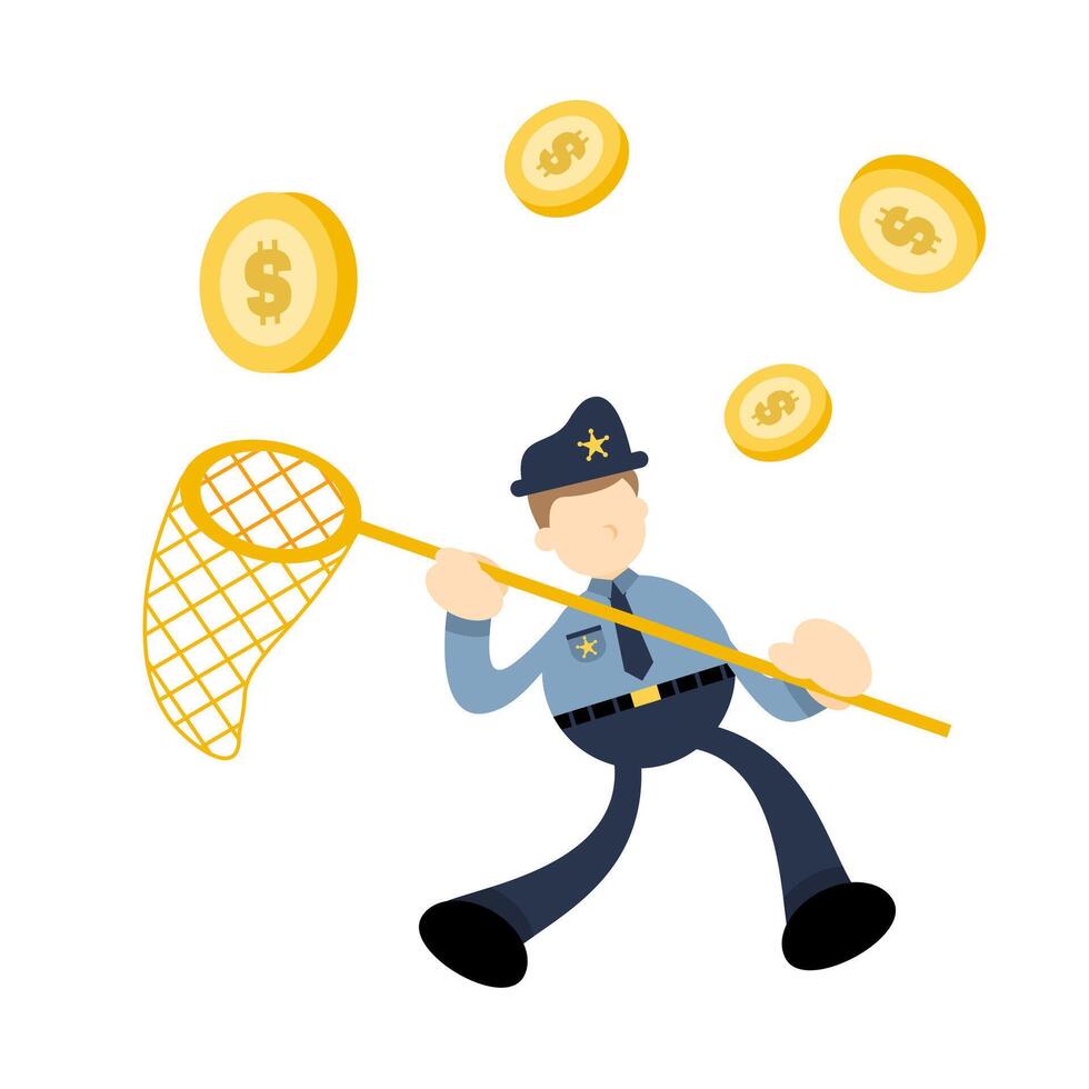 A cartoon policeman holding a net with coins vector