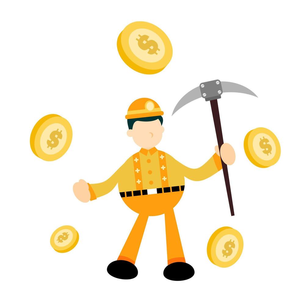 A cartoon miner holding a pickaxe and coins vector