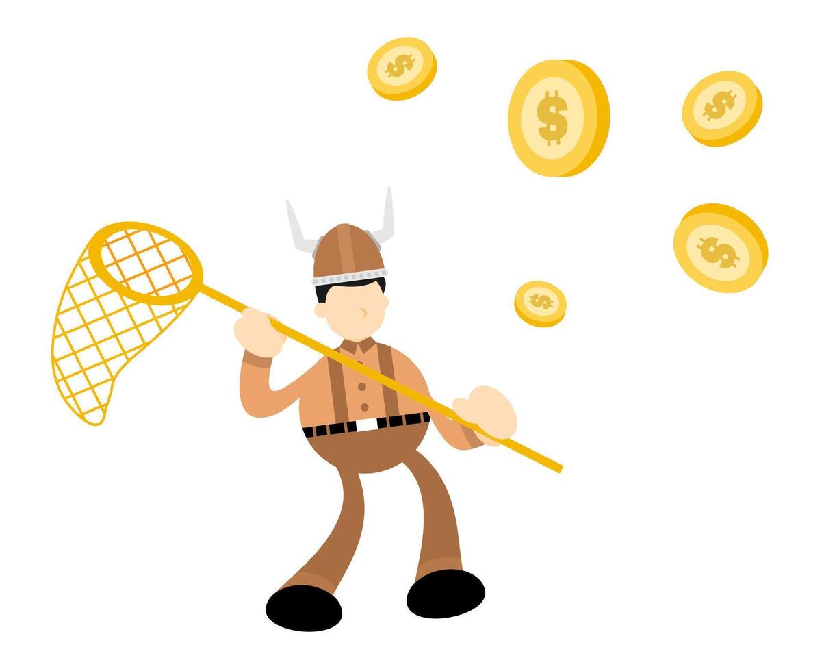 A cartoon man holding a net and coins vector