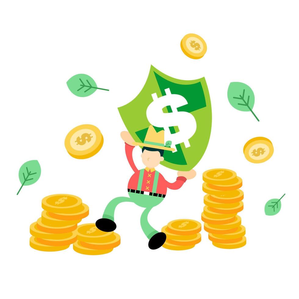 A man is holding a dollar sign and standing on top of stacks of money vector