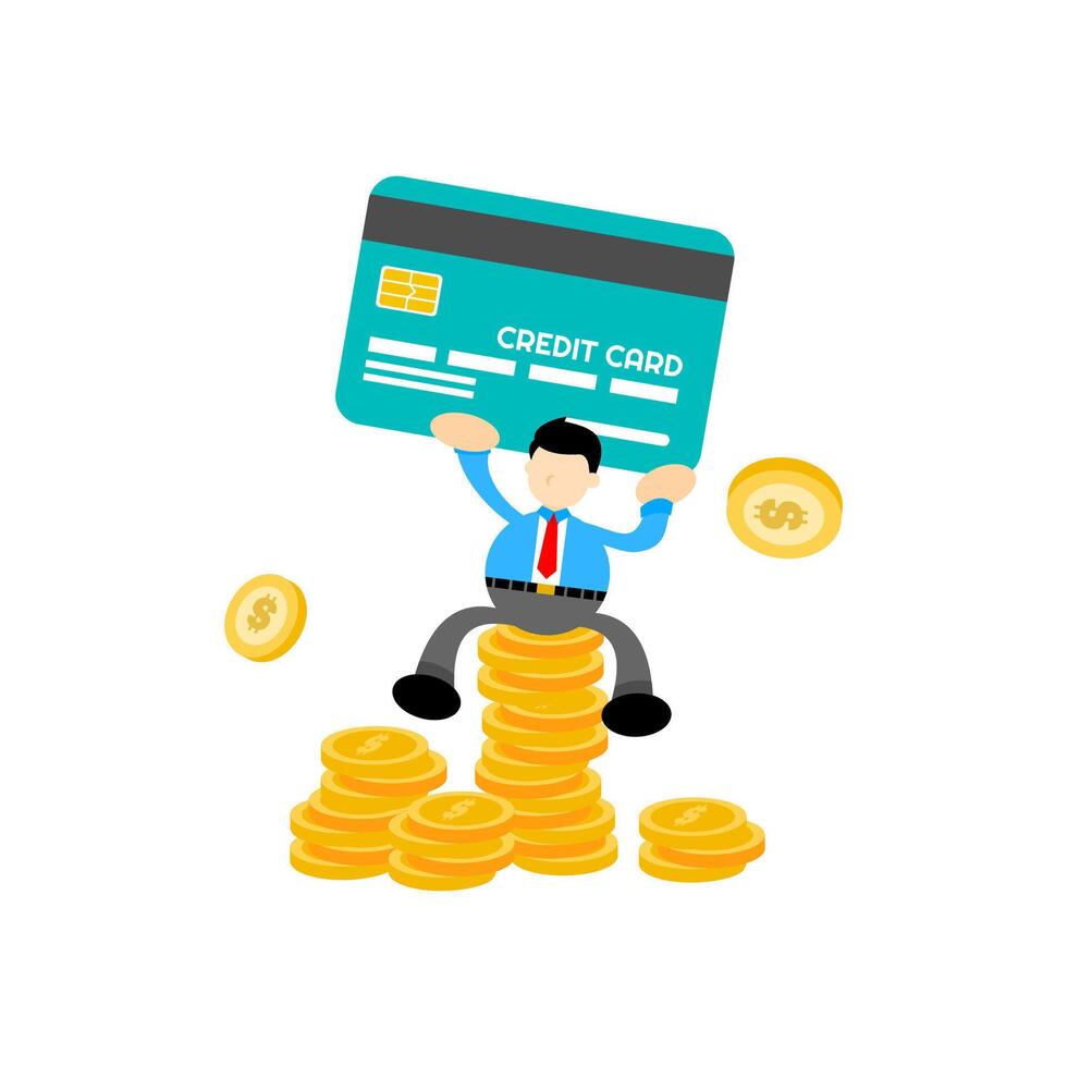 A man is sitting on top of a pile of coins with a credit card vector
