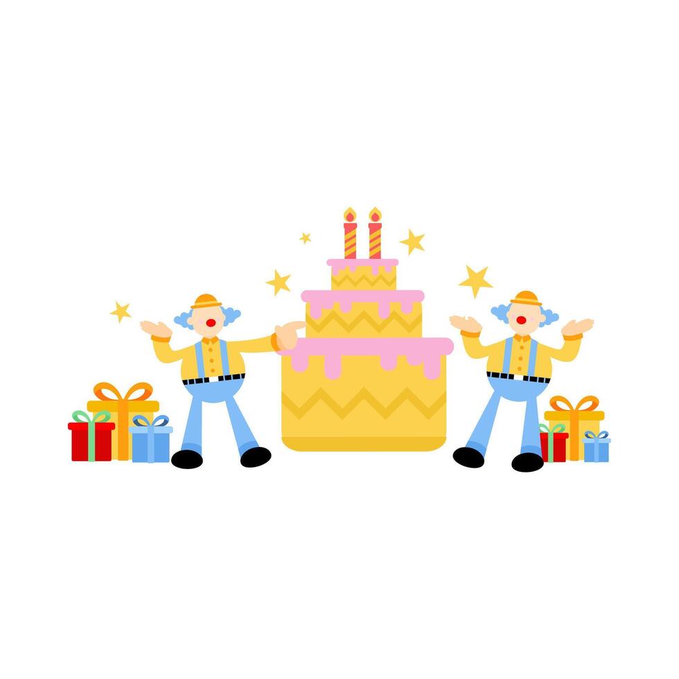 Two clowns standing next to a cake with candles vector