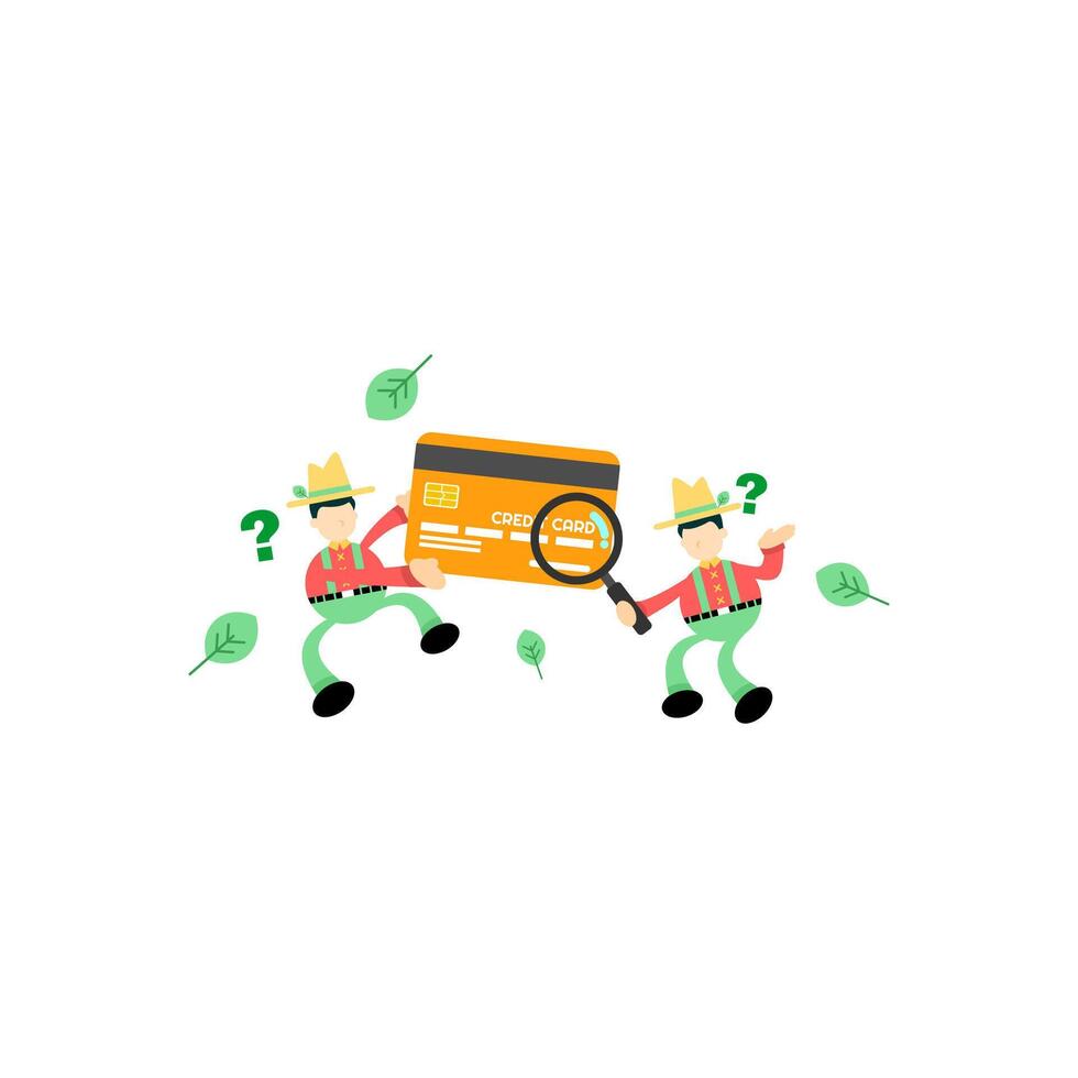 Two people are holding a credit card and a magnifying glass vector
