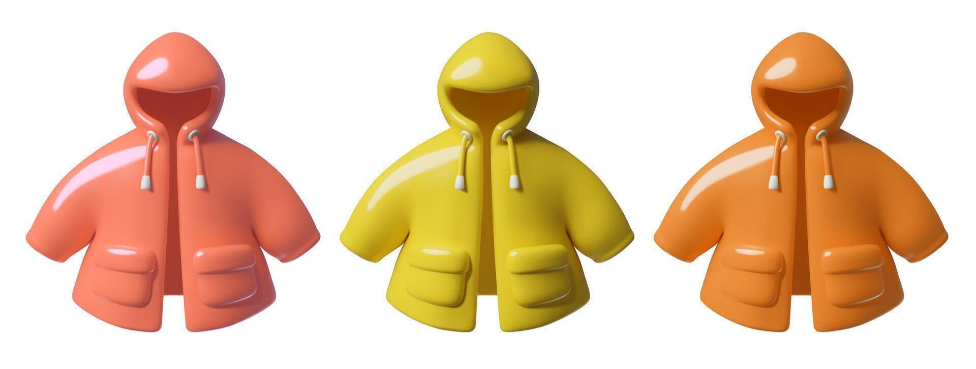3d raincoat icons set children fashion three dimension cute plastic yellow and red kids jacket vector