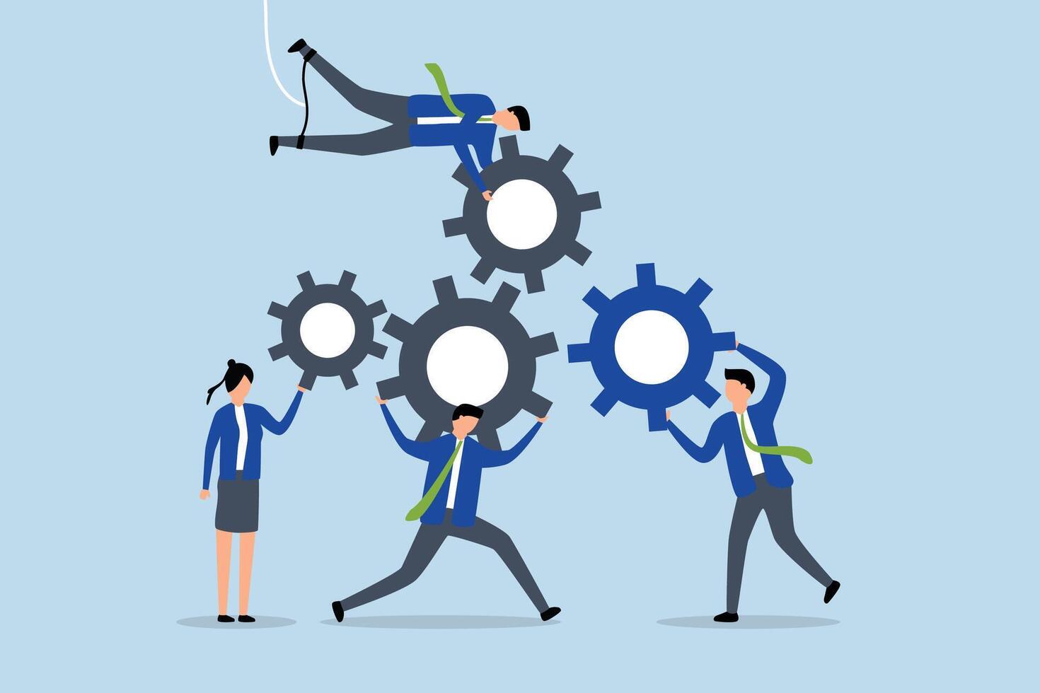cooperate for team success, Male and female entrepreneurs collaborate to assist in linking gears or cogs. vector