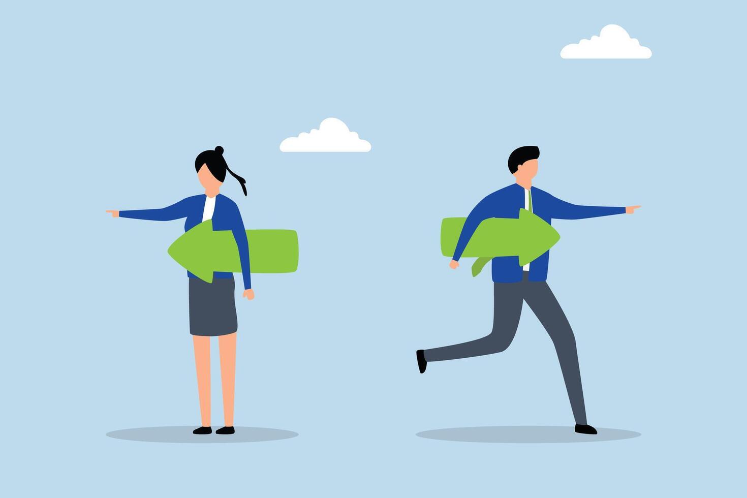 Different individual way, Man and woman in business attire holding arrow and moving in opposite directions. vector