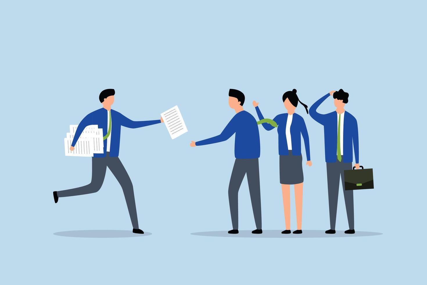 Work delegation, Businessman delegates project assignment to team as a manager. vector