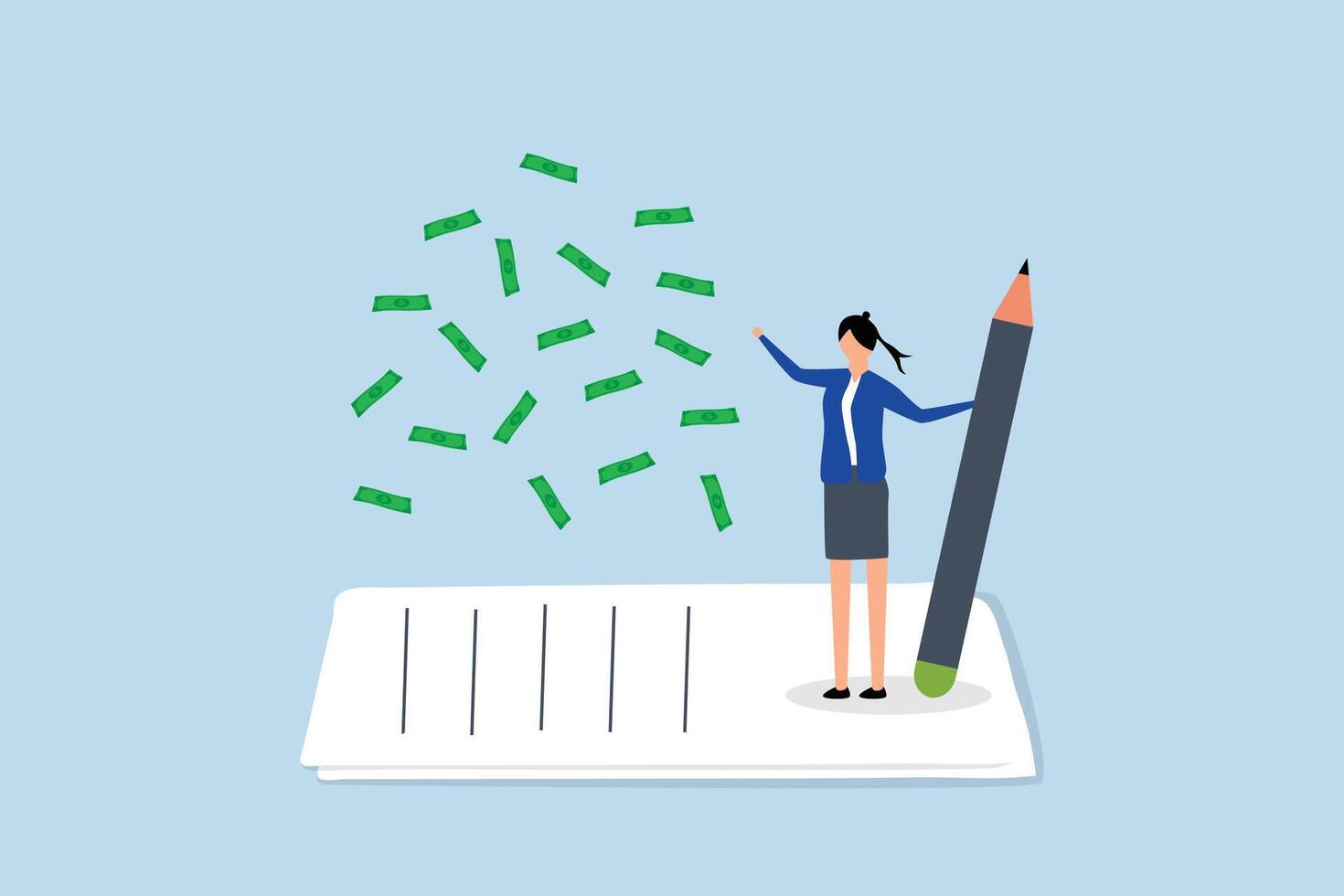 Make money from writing blog online, successful female blogger or writer who works as a freelancer is catching money banknotes as they fall from the sky. vector