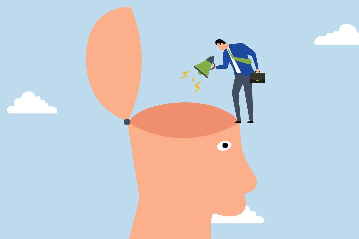 Brainwash, Angry businessman yelling through a megaphone with a loud voice to unveil the mind. vector