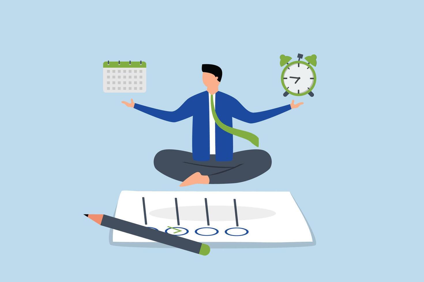self control to complete work, Businessman finds peace in meditation while juggling between time and deadlines on a paper filled with completed tasks. vector