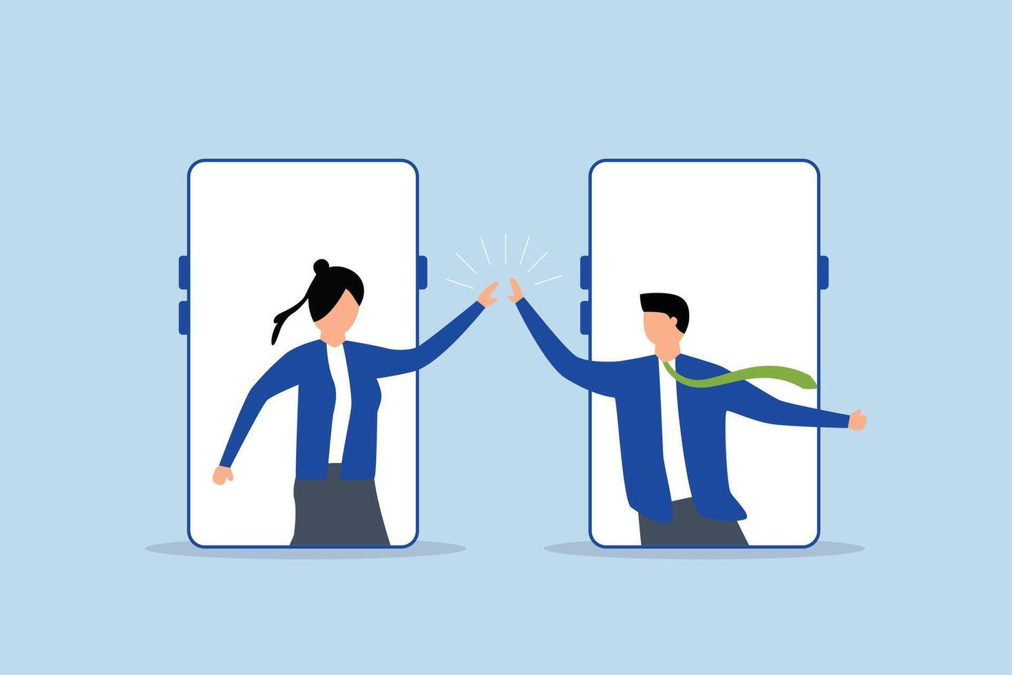 Virtual hi five for success collaboration, Online call idea, joyful male and female executives give a high five through their mobile devices. vector