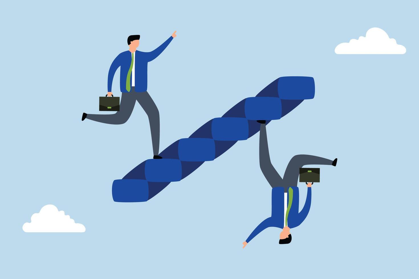 Business paradox, ambitious businessman is both climbing up the stairs and going down at the same time in a paradoxical manner. vector