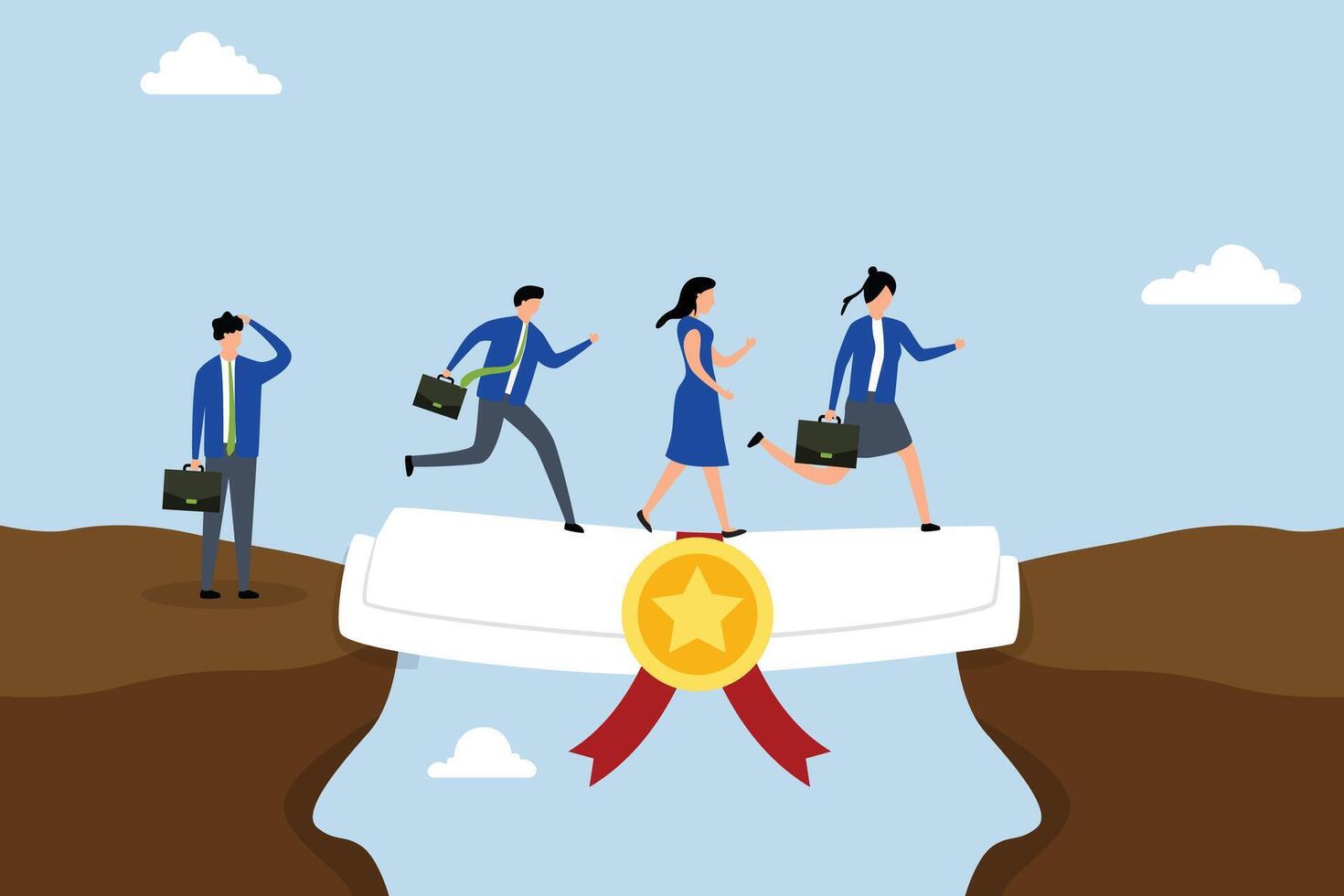 Education degree to help career growth, Businessman and woman use their education degrees as a bridge to overcome obstacles. vector