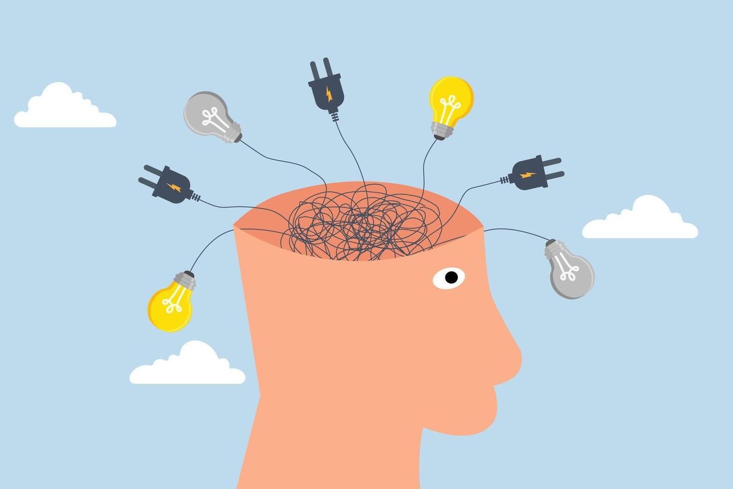 Overthinking, jumbled electrical cord and lightbulb ideas on a human head. vector