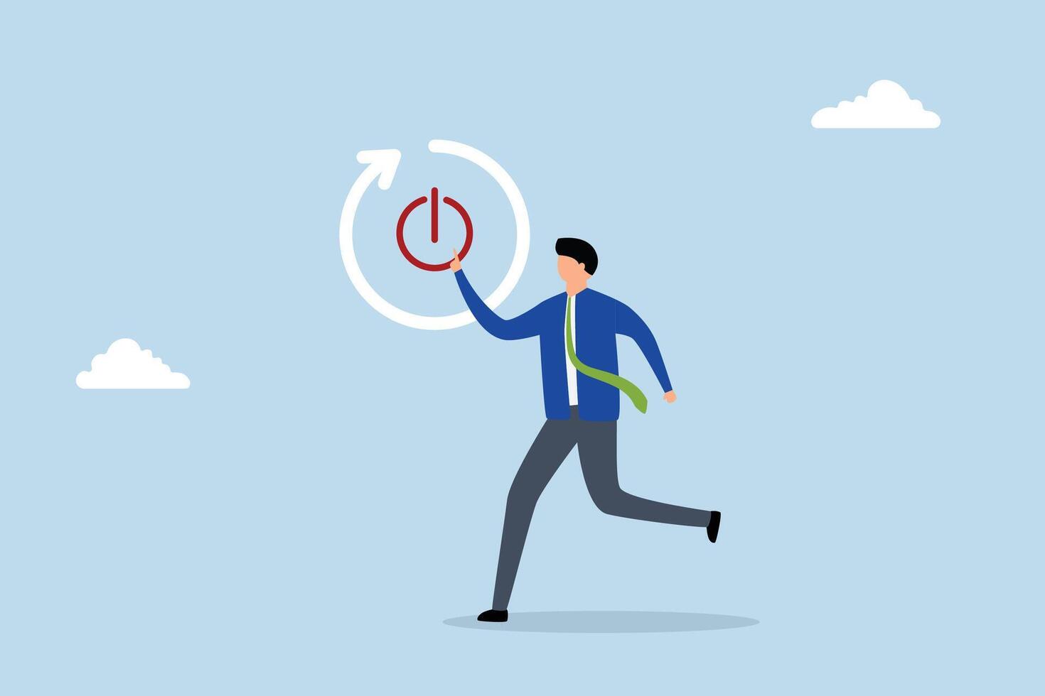 Time to reboot business, businessman cautiously extends his finger to push the reboot or restart button. vector