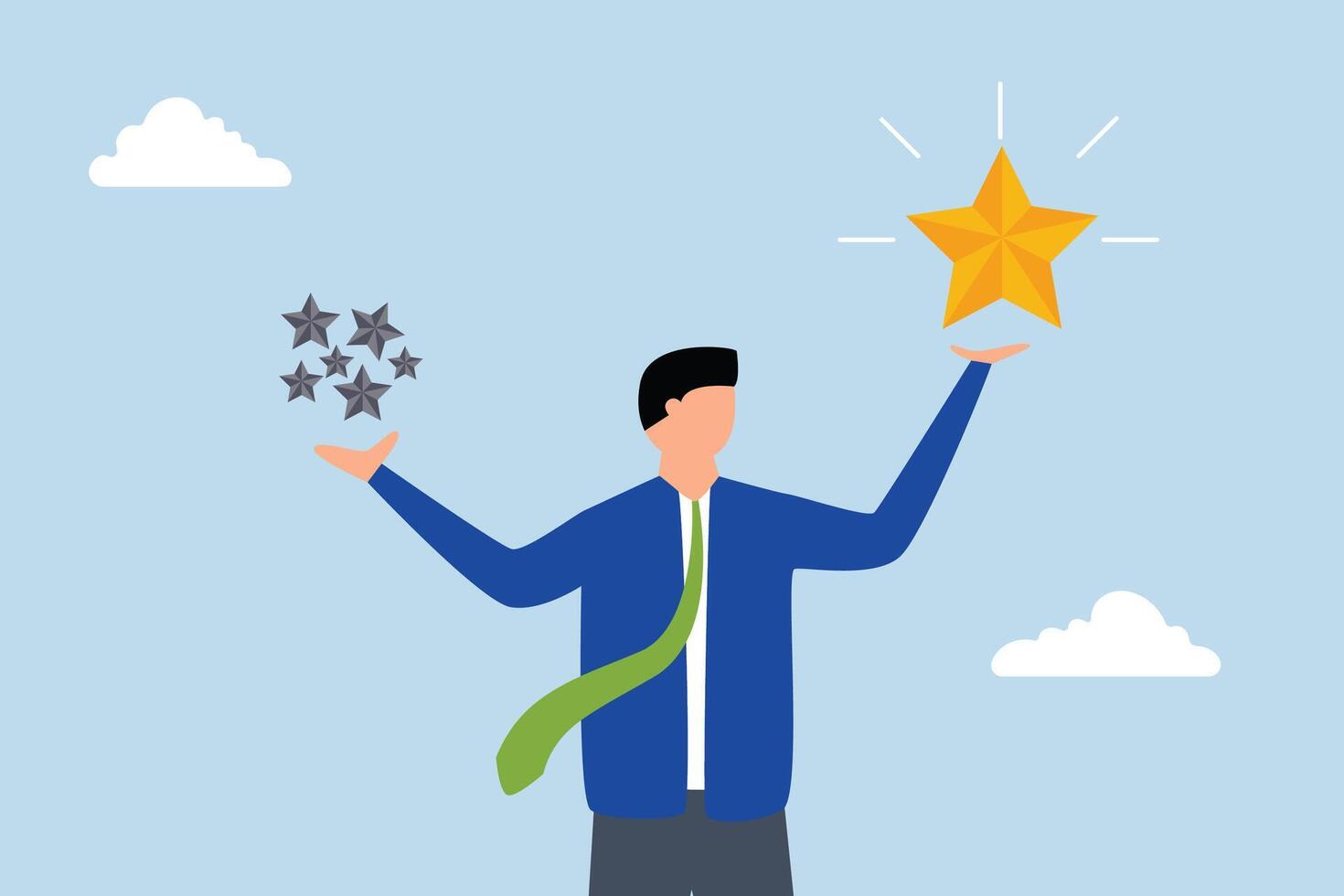 Quality vs quantity, entrepreneur clutching valuable top-tier stars versus typical stars vector