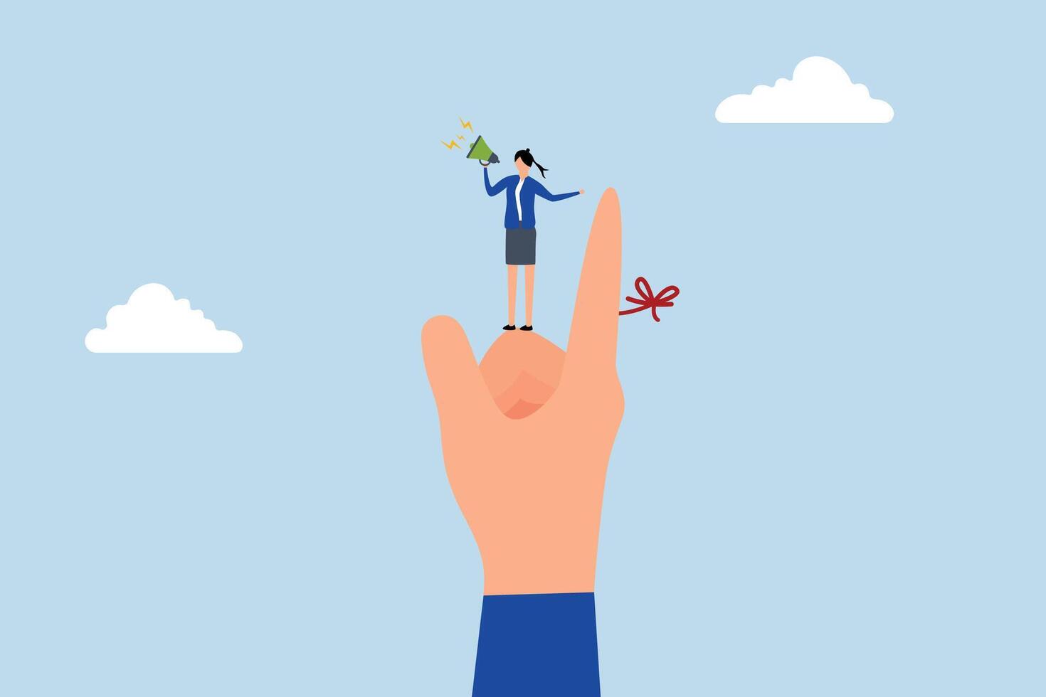Finger string reminder, businesswoman helped by tying a red string around the boss's finger and using a megaphone to remind him. vector