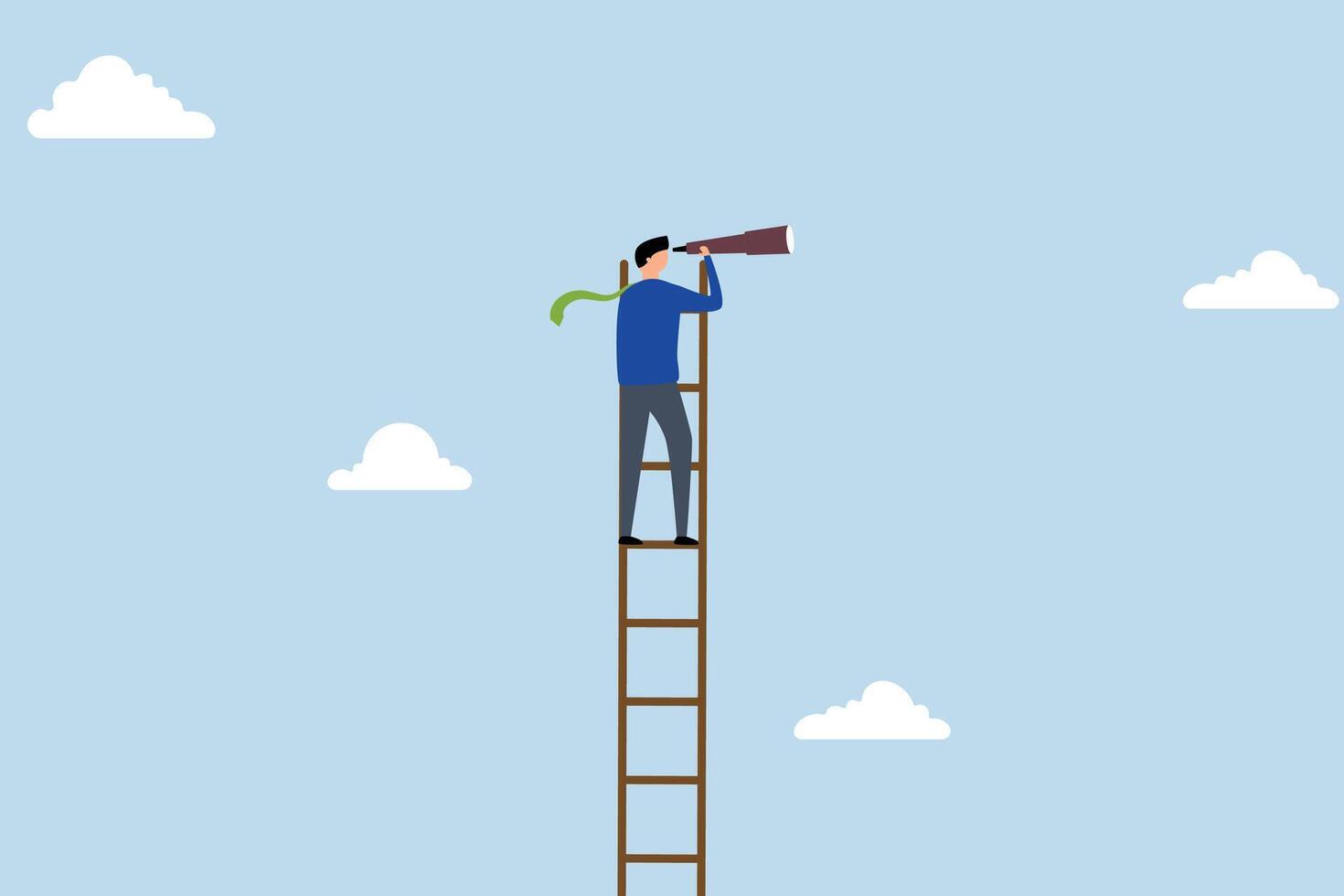 Success ladder for business opportunity, businessman ascended the ladder to gaze through the telescope with visionary eyes. vector