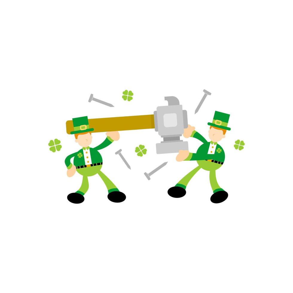 Two men in green outfits are holding a hammer vector