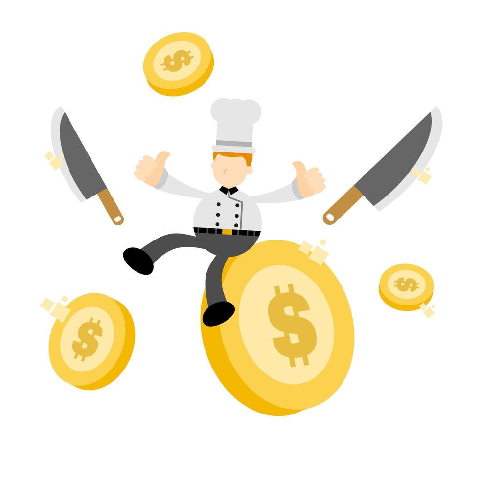 Chef on top of money with knife and fork vector