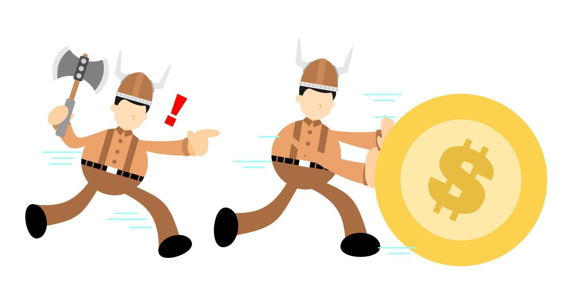 Two men in viking costumes are running with a coin vector