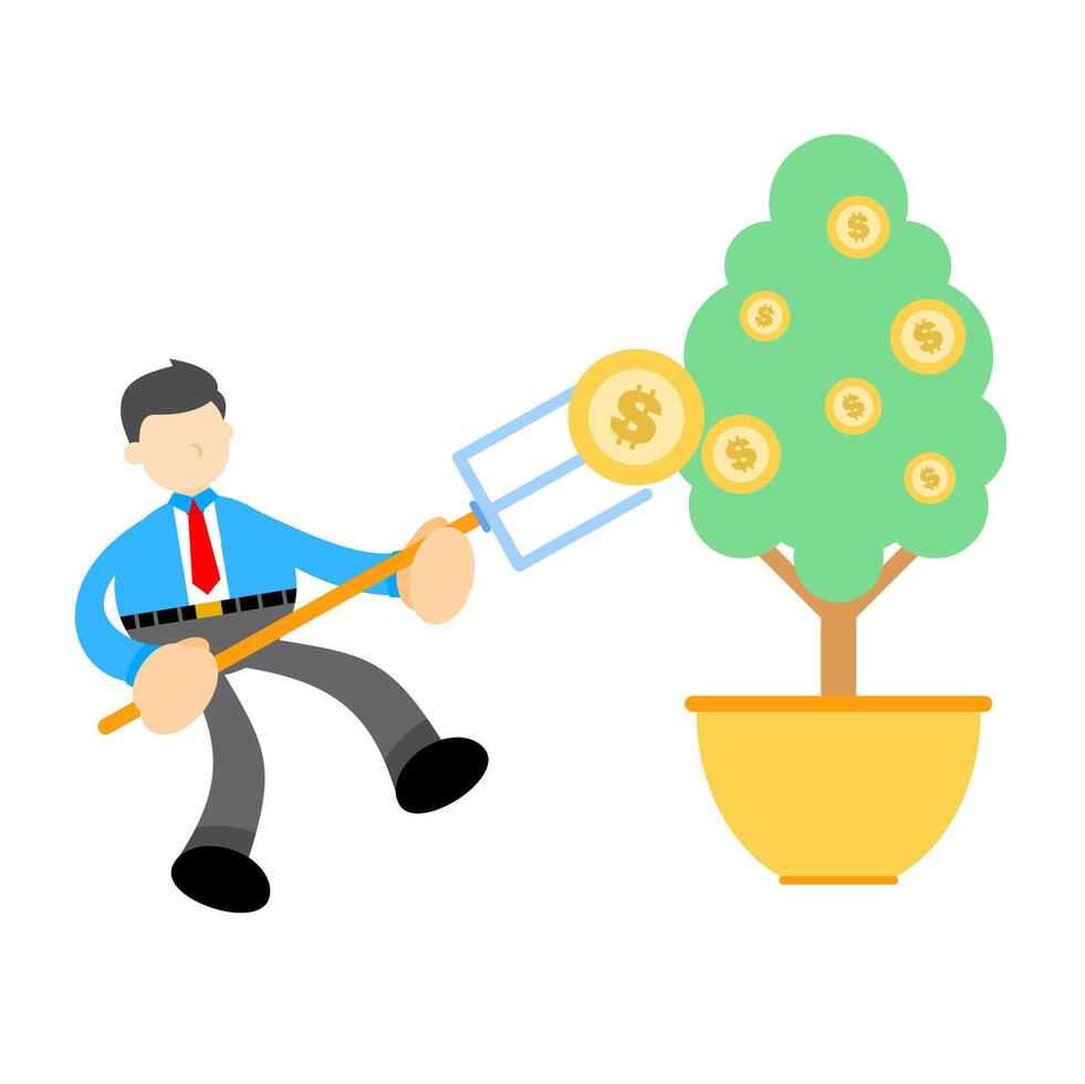 A cartoon man is pulling a rake from a pot of money vector