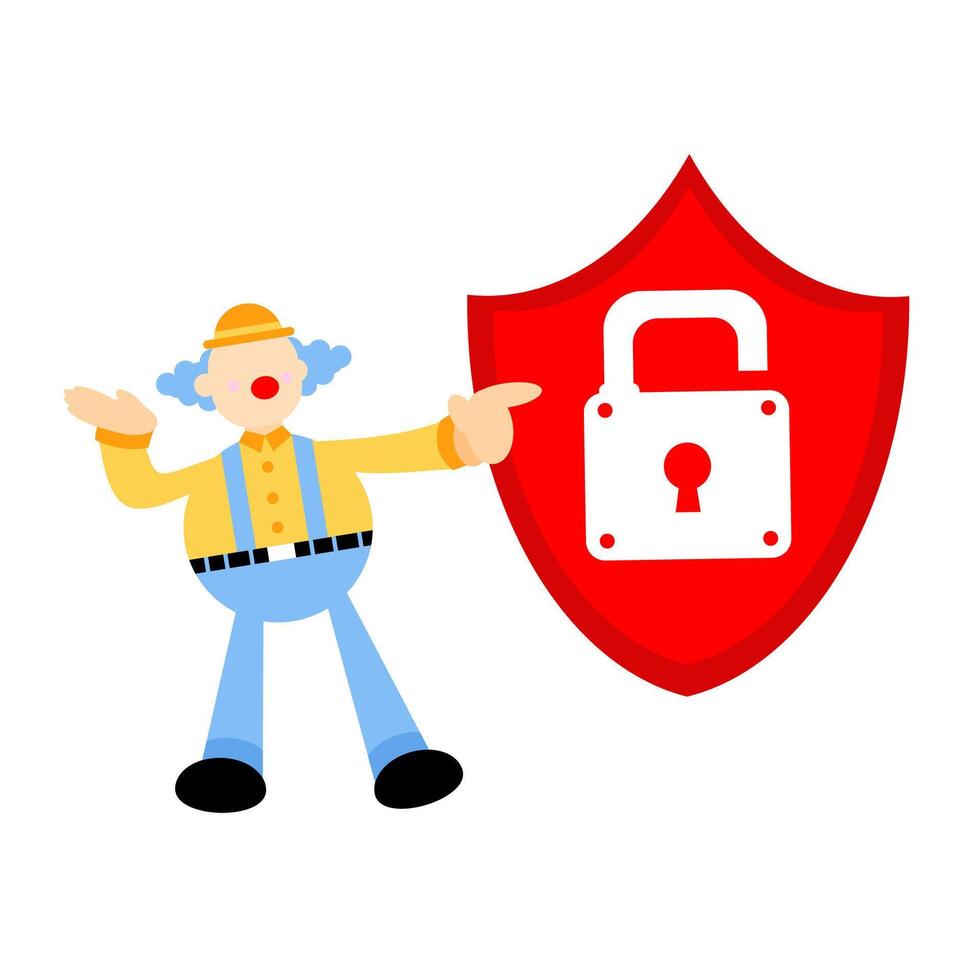 A cartoon man holding a padlock and a shield vector