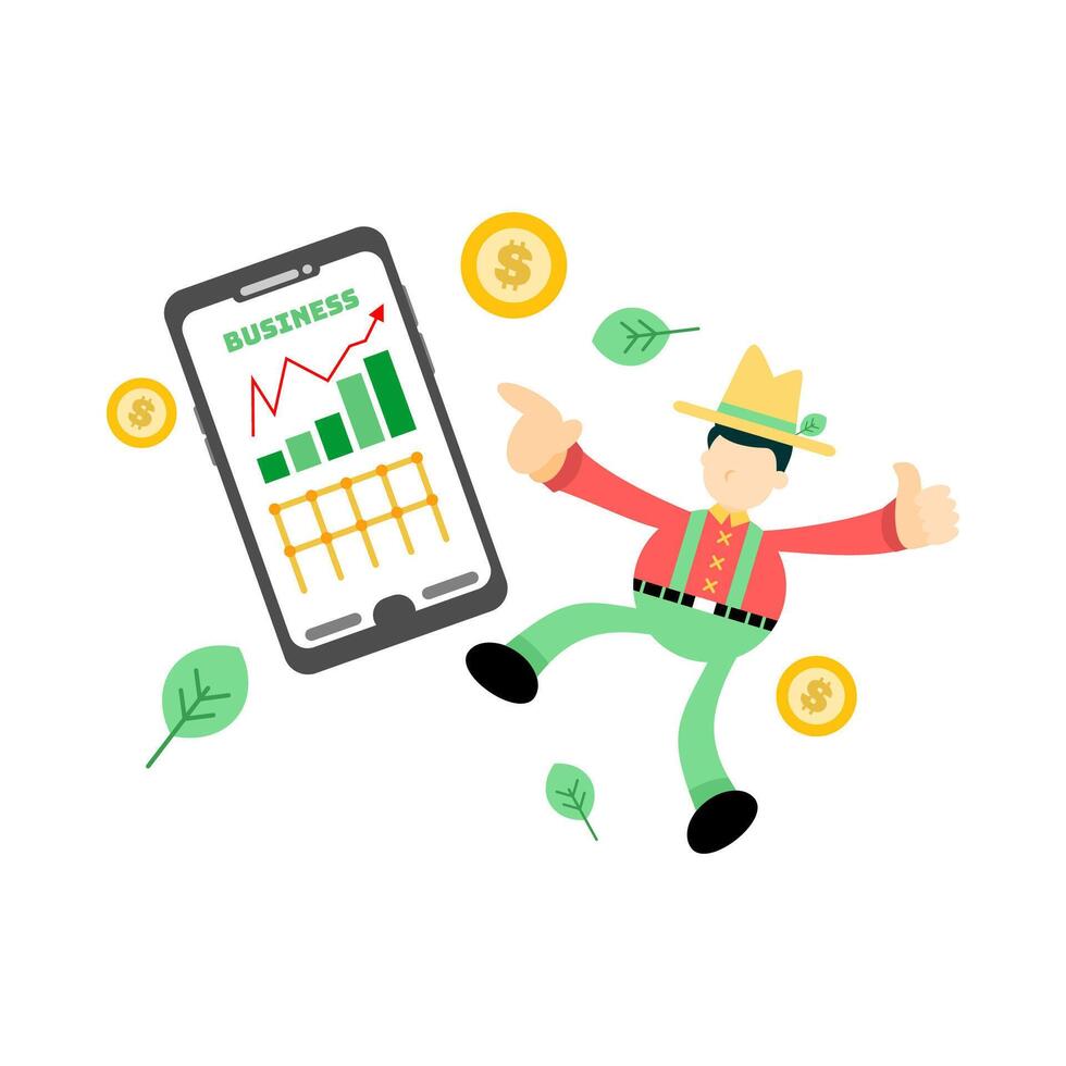 A man in a hat is holding a smartphone with a graph on it vector