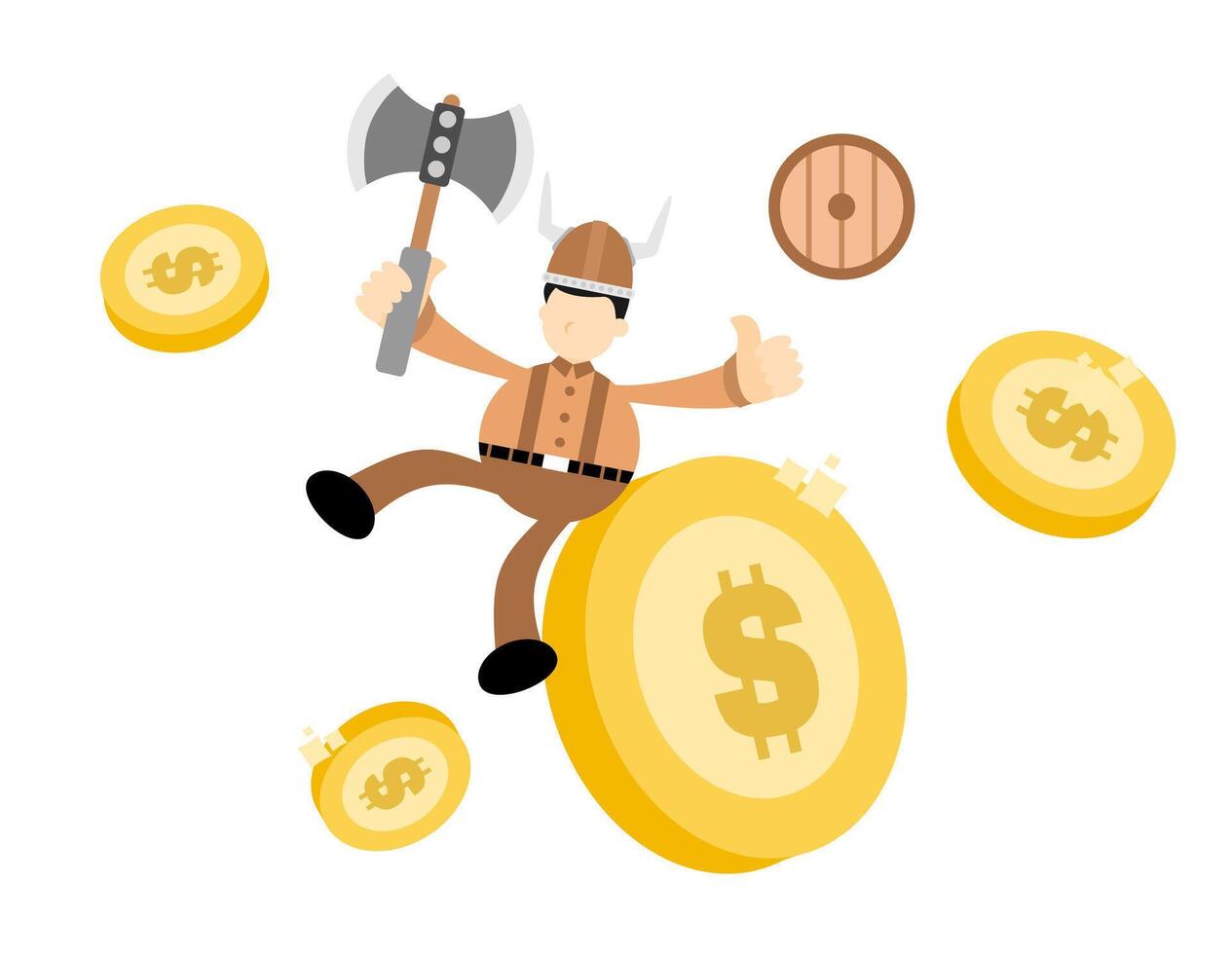 A cartoon viking is sitting on a pile of money vector