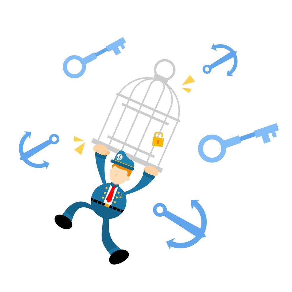 A cartoon man holding a cage with keys and anchors vector