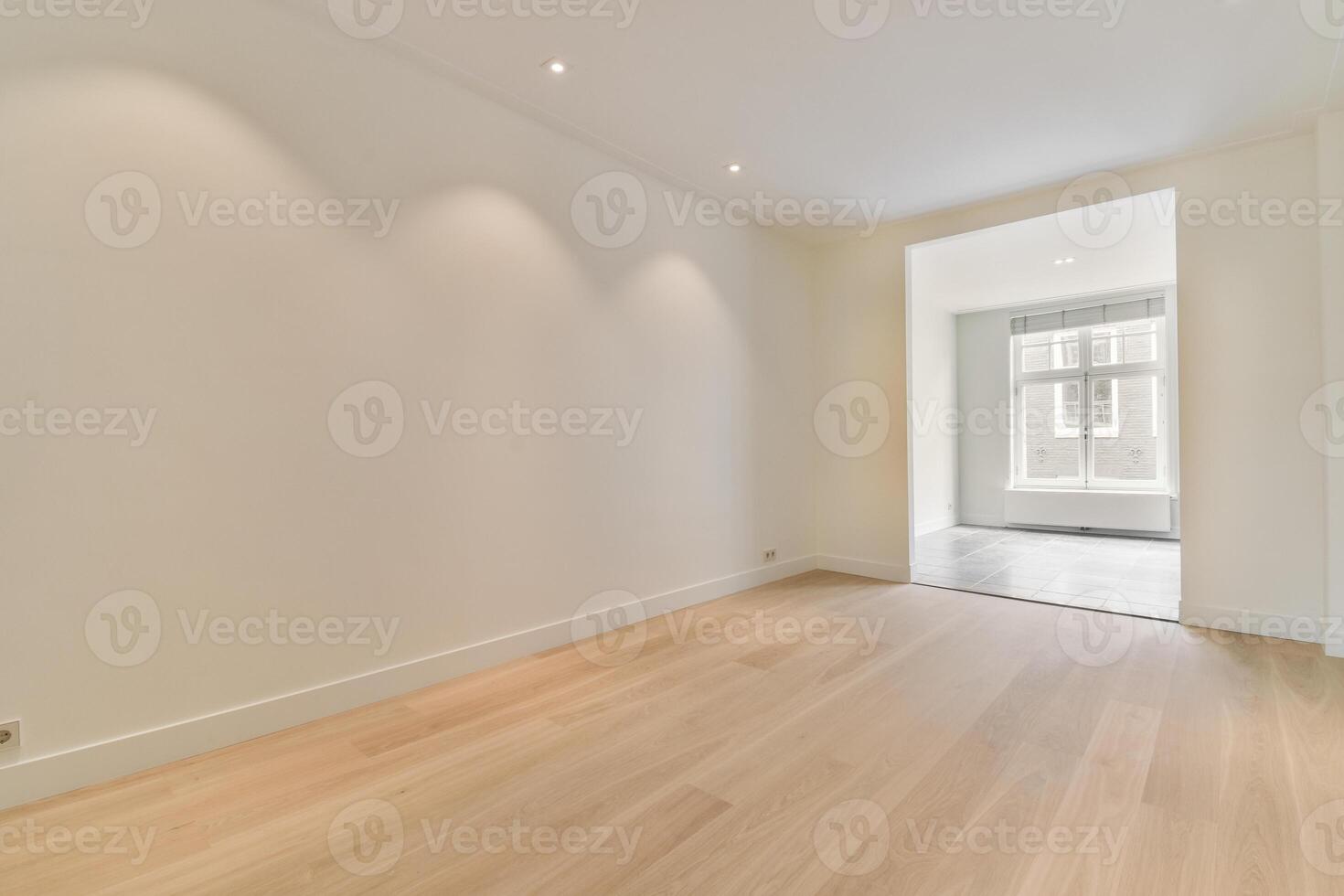 Empty room with white walls and wooden floors photo