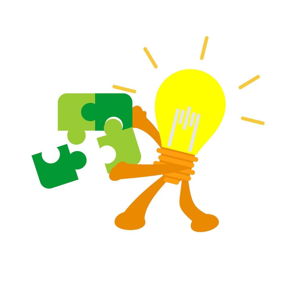 A cartoon character holding a puzzle piece with a light bulb vector
