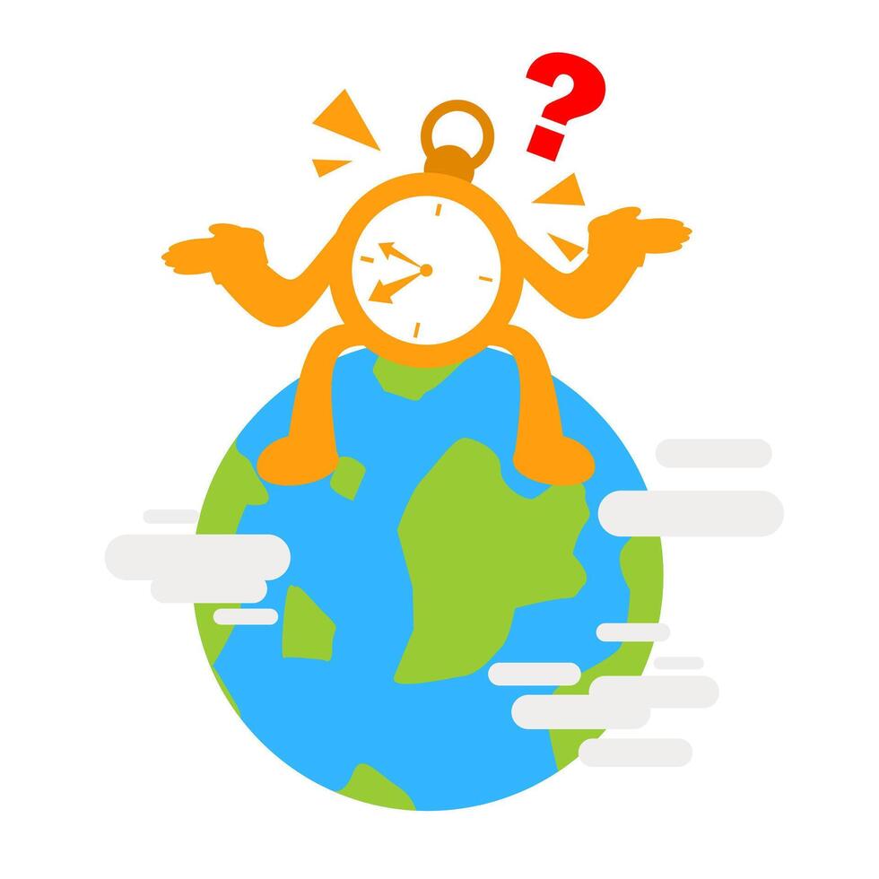 A cartoon monkey sitting on top of a globe with a clock vector