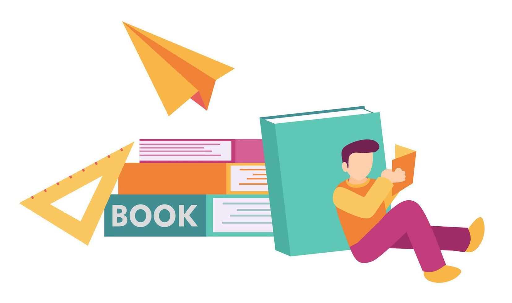 A person sitting on top of books with a paper airplane vector