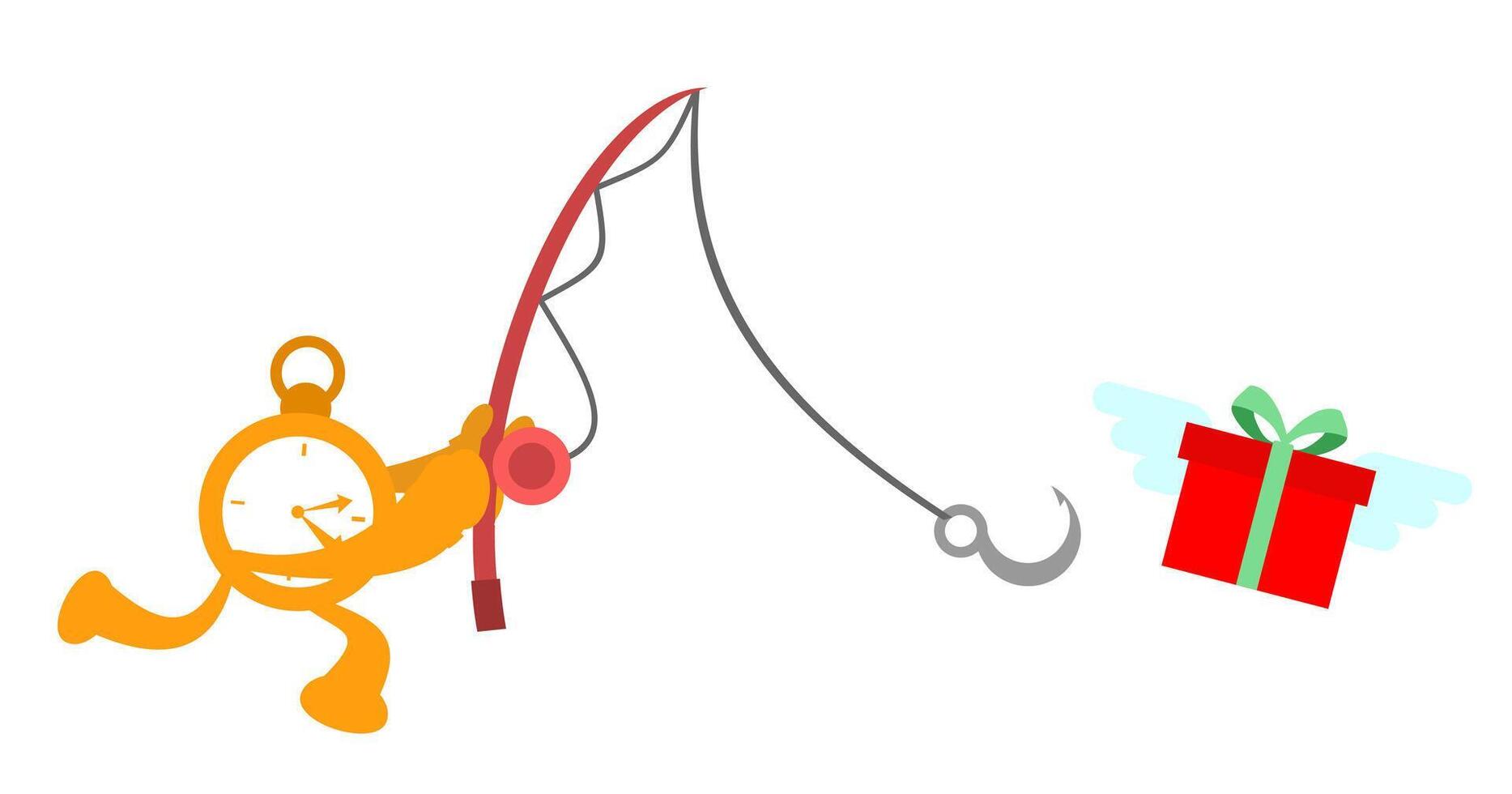 A cartoon clock with a fishing rod and a gift vector