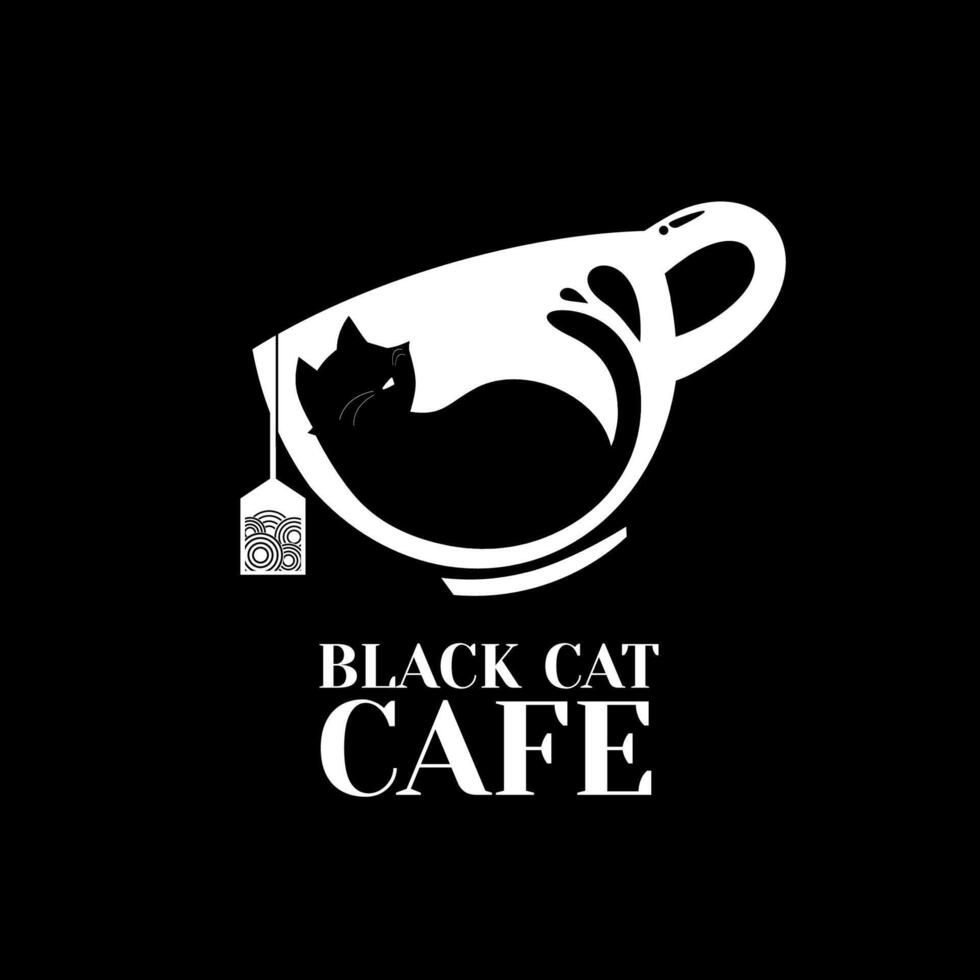Black cat cafe logo with cat in cup vector
