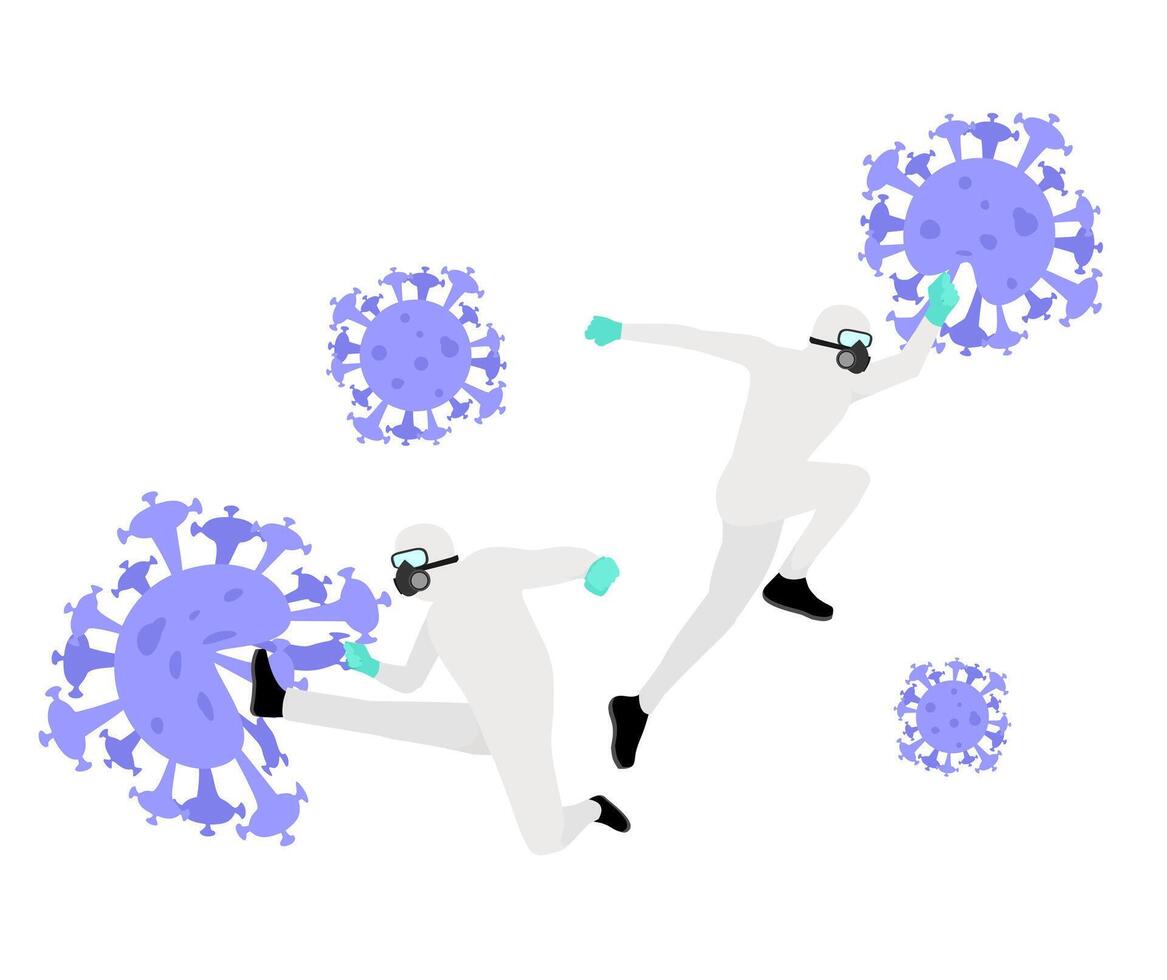 Two people in protective suits are running away from a virus vector