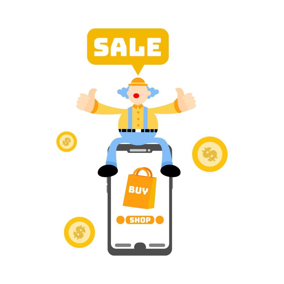 A clown sitting on a phone with the word sale vector