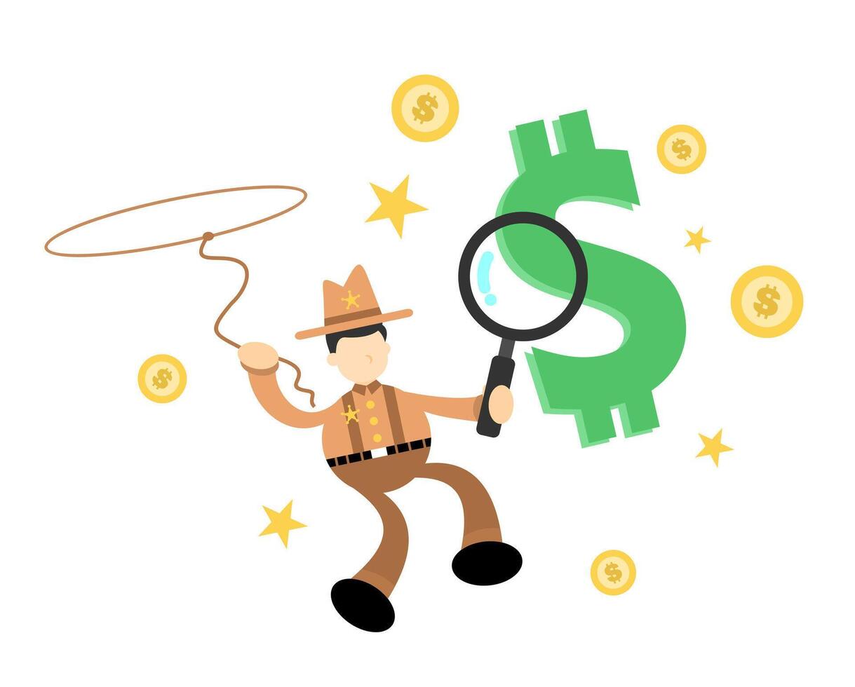 Man in cowboy hat and hat holding magnifying glass vector