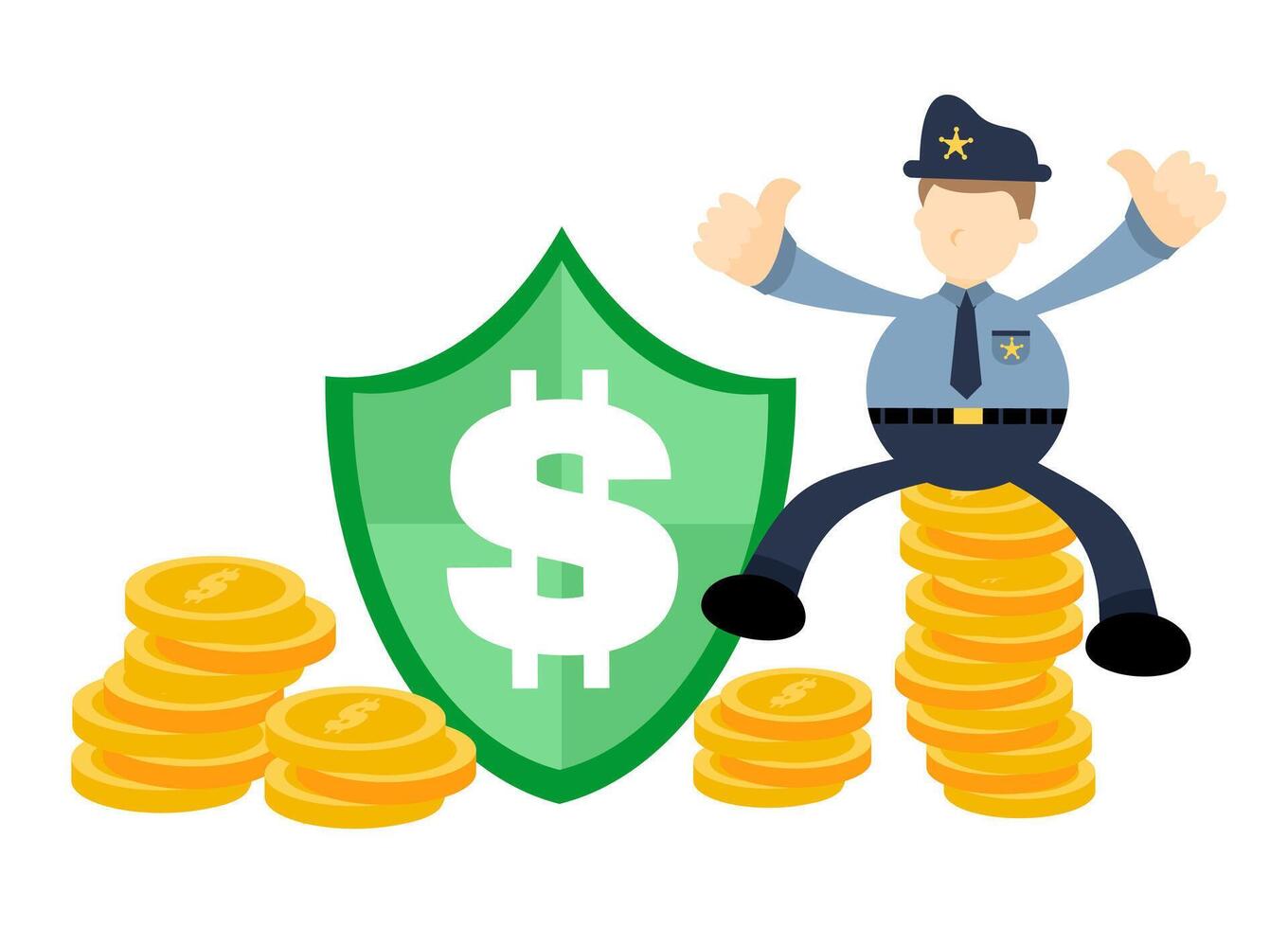 A policeman is sitting on top of stacks of money vector